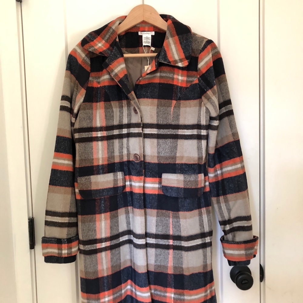 Esley Navy and Orange Plaid Coat